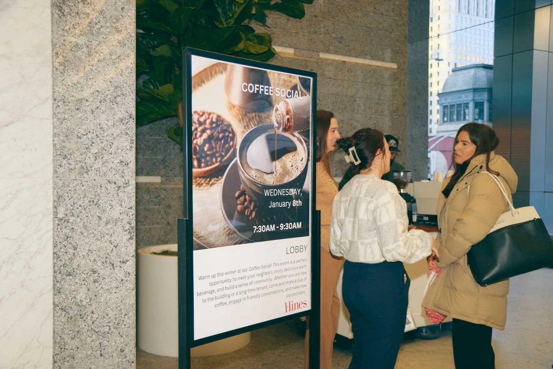 321 N Clark Hines Coffee Social Event Sign and Coffee Stand