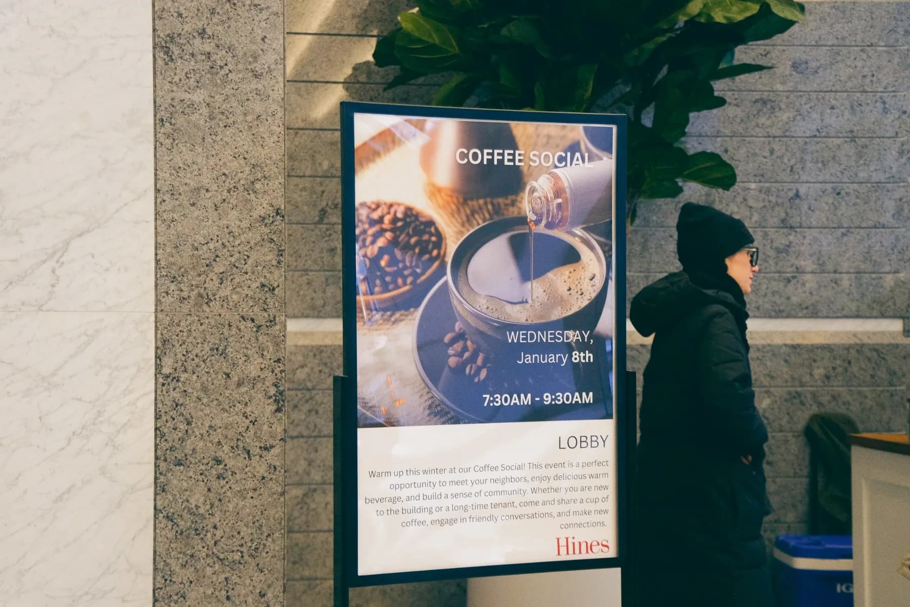 Hines Coffee Social Signage Display at 321 N Clark Building