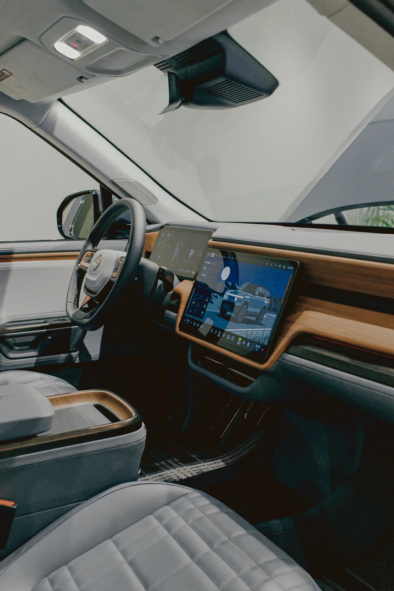 The interior of a Rivian on display at the Chicago showroom