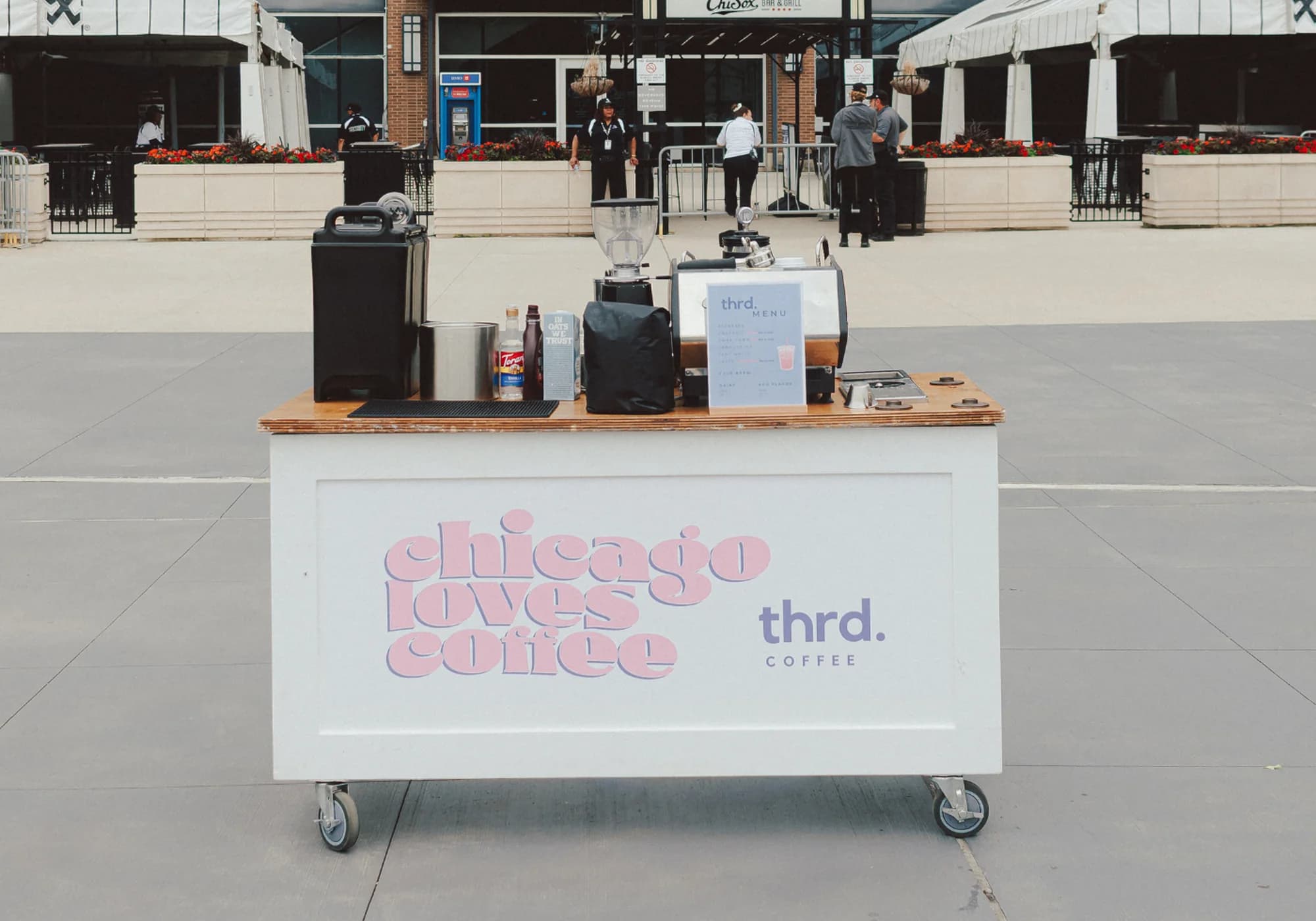 The thrd coffee cart with its chicago loves coffee branding, set up and ready to serve